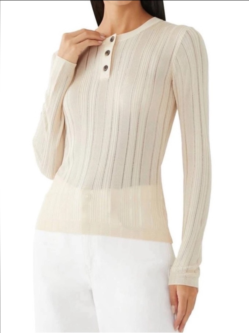 Frame Ribbed Henley Long-Sleeve Top in Cream